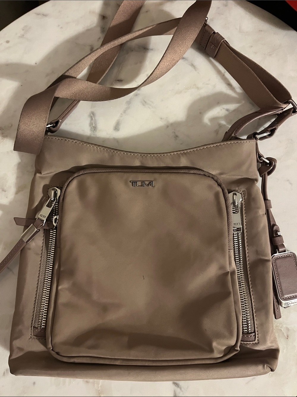 Tumi Mauve/Taupe Nylon Crossbody Shoulder Bag with Silver Hardware